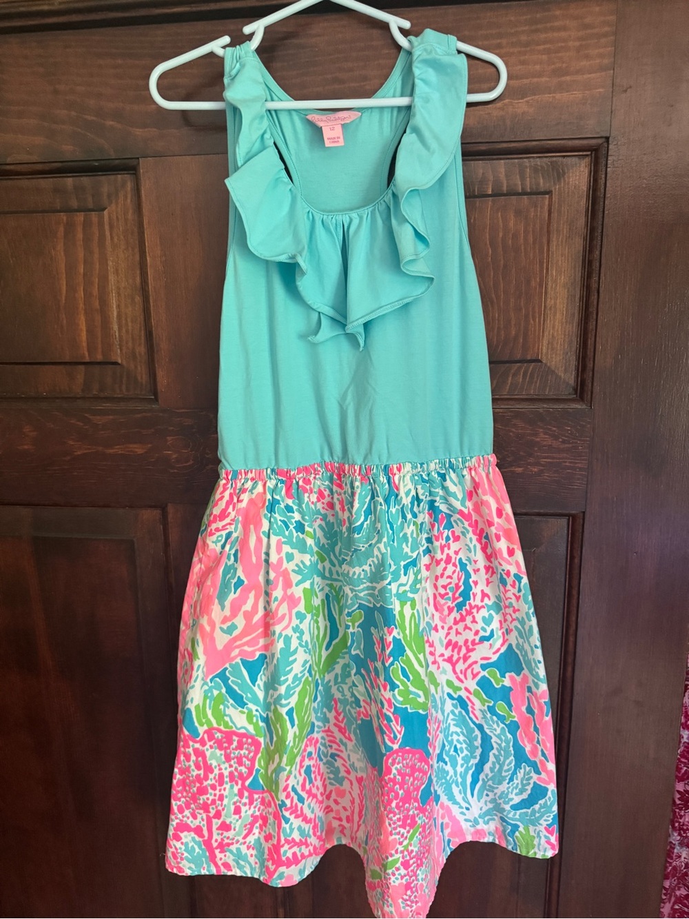 EUC Lilly Pulitzer Girls size 12 Ruffle Dress Mini Coral & Aqua